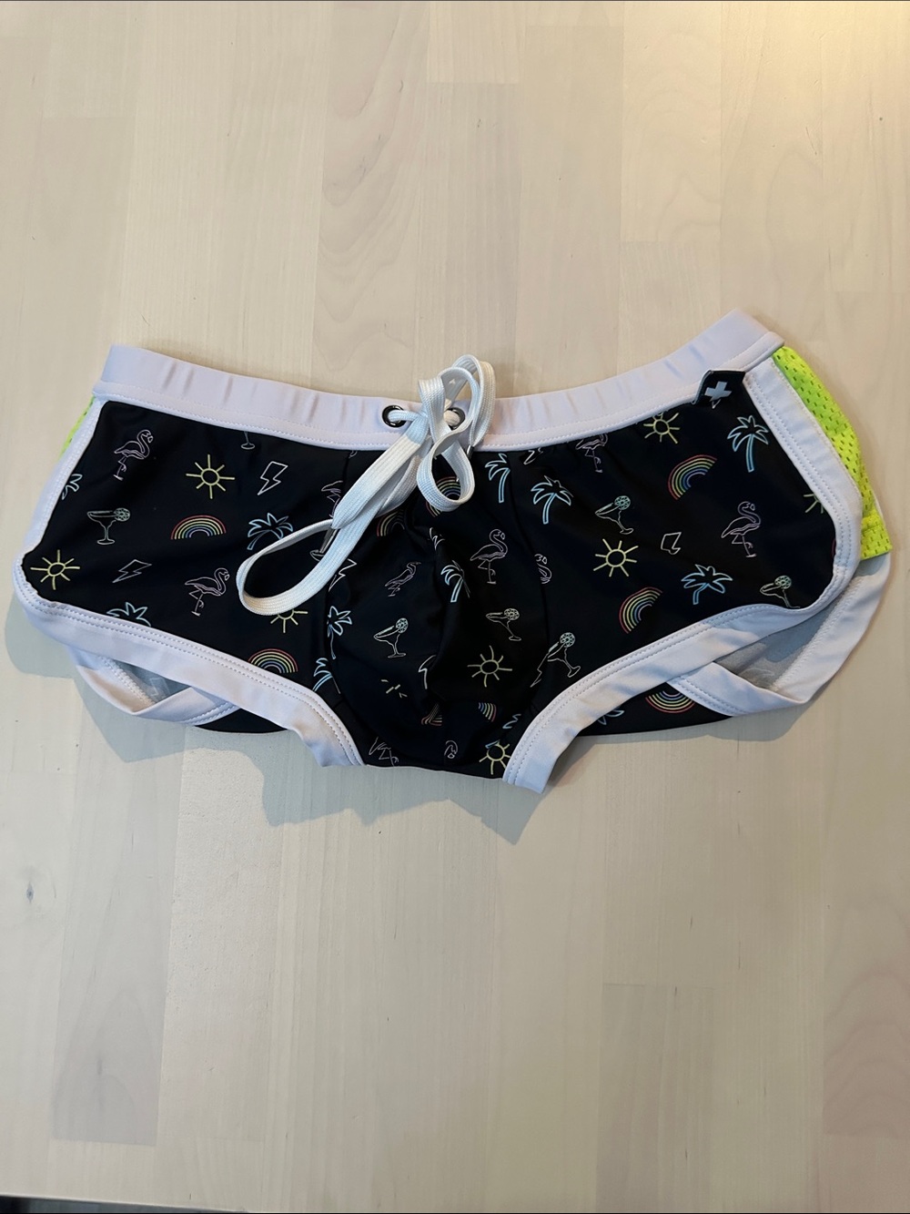 Andrew Christian Black Swim Shorts with White Trim and Neon Green Accent